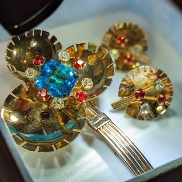 Demi-parure 1940s Gold Vermeil Over Sterling Rhinestone Brooch & Earring Set - Picture 12 of 12